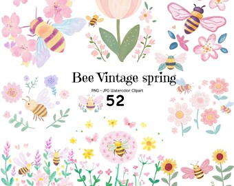 Vintage Biene Aquarell Clipart: Frühlingsblumen Illustrationen (PNG JPG)
