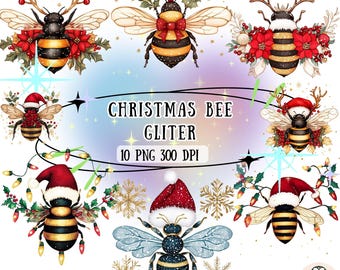 Weihnachten Biene Glitter Aquarell Clipart, Urlaub PNG (digitaler Download)