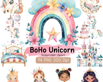 Boho Einhorn Aquarell Clipart Bundle - Prinzessinnen, Schlösser (Digital Download)