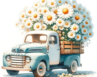 Vintage Blumen LKW PNG Clipart - Retro Flower Truck Art (digitaler Download)
