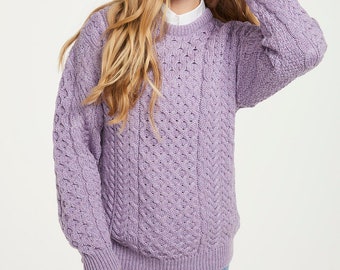 Aran Traditional Sweater, Crew Neck, Merino Wool, Lavender