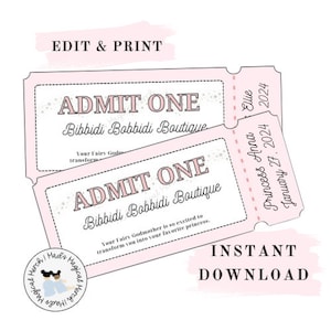 May include: Two pink and white printable ticket stubs with the text "ADMIT ONE Bibbidi Bobbidi Boutique" and the text "Your Fairy Godmother is so excited to transform you into your favorite princess." The tickets are for "Princess Anna" and "Ellie" and the dates are "January 27, 2024".