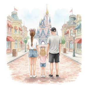 Magical Castle Custom Watercolor Portrait | Personalized Digital Art | Family Illustration Castle | Gift for Park Lovers & Home Decor