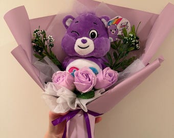 Care Bear Plush Bouquet – Scented Soap Roses, Handmade Forever Gift