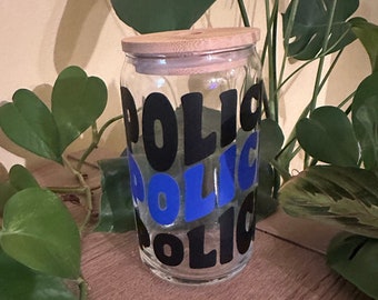 POLICE Glass Cup w/ Bamboo Lid & Glass Straw | Police Libbey Cup | Police Iced Coffee Cup | Beer Glass Can | First Responder
