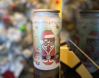 Harry Winter Frosted Glass Cup w/ Bamboo Lid & Straw | Wizard School Iced Coffee Glass | Libbey Glass | Coffee Glass | Christmas Glass