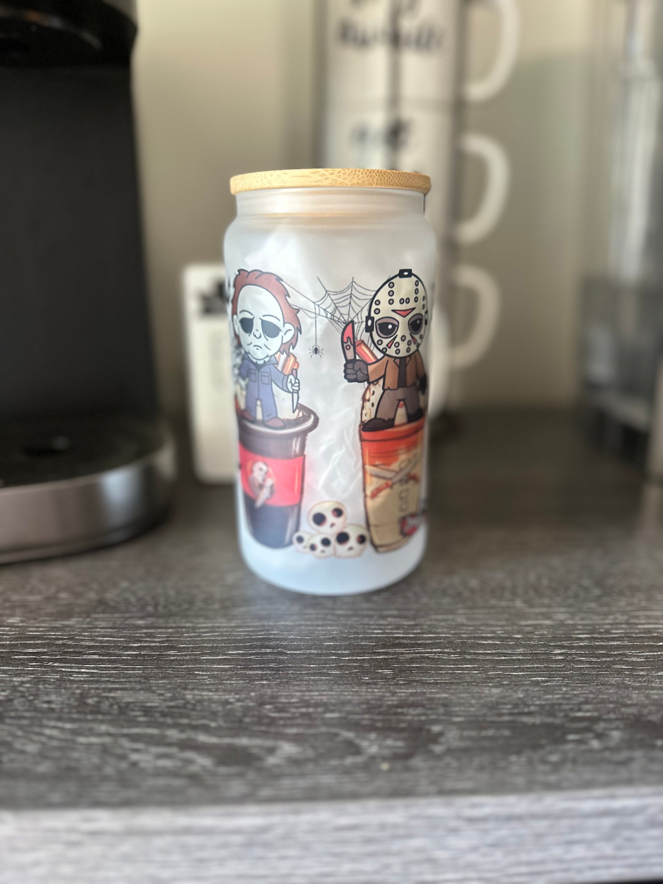 Halloween Frosted Glass Cup w/ Bamboo Lid & Straw | Villians Iced Coffee Glass | Libbey Glass | Horror Movie Glass | Coffee Glass