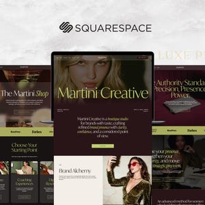 May include: A digital marketing and branding website design, showcasing a modern aesthetic. The central laptop screen displays "Martini Creative" in gold lettering. Additional screens feature website mockups with text like "The Martini Shop" and "Authority Standard". The Squarespace logo is at the top.