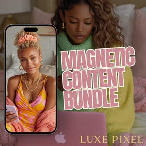 Op de afbeelding: Afbeelding met een vrouw met krullend haar die een groene trui draagt en een vrouw die een telefoon vasthoudt. De tekst "MAGNETIC CONTENT BUNDLE" wordt in roze weergegeven. De woorden "LUXE PIXEL" staan onderaan.