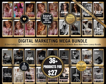 May include: A digital marketing mega bundle with 36+ products for $27. The bundle includes 36 best-selling ebooks, 3444+ faceless video reels, 170+ stock photos, and a bonus Boss Babe Reels Luxury Bundle. The image features a collage of various digital marketing products, including ebooks, video reels, and stock photos.