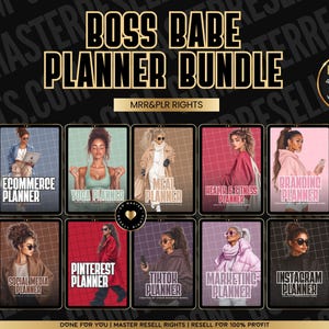 May include: A digital planner bundle with 8 different planner covers featuring women in various poses. The covers include titles such as "Ecommerce Planner", "Yoga Planner", "Meal Planner", "Health & Fitness Planner", "Branding Planner", "Social Media Planner", "Pinterest Planner", "TikTok Planner", "Marketing Planner", and "Instagram Planner". The bundle includes 40 Instagram posts with master resell rights (MRR) and private label rights (PLR).