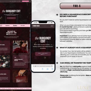 Puede incluir: Un dise&ntilde;o de sitio web con el texto "the BURGUNDY EDIT" en un ordenador de sobremesa y un smartphone. El dise&ntilde;o utiliza un esquema de color burdeos oscuro con acentos rosas. El smartphone muestra la versi&oacute;n m&oacute;vil del sitio web.