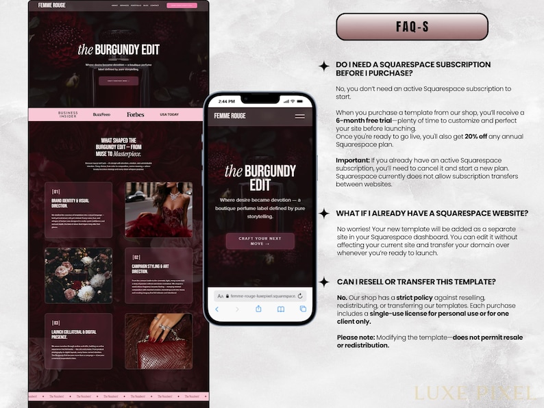 Puede incluir: Un dise&ntilde;o de sitio web con el texto "the BURGUNDY EDIT" en un ordenador de sobremesa y un smartphone. El dise&ntilde;o utiliza un esquema de color burdeos oscuro con acentos rosas. El smartphone muestra la versi&oacute;n m&oacute;vil del sitio web.