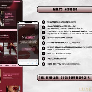 Puede incluir: Una plantilla de sitio web de marketing digital para Squarespace 7.1, que se muestra en una computadora port&aacute;til y un tel&eacute;fono inteligente. El dise&ntilde;o presenta un esquema de color burdeos con el texto "FEMME ROUGE" y "let's CONNECT". La imagen tambi&eacute;n enumera lo que est&aacute; incluido.