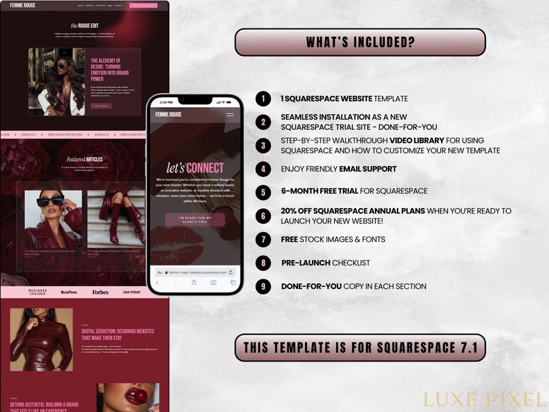 Puede incluir: Una plantilla de sitio web de marketing digital para Squarespace 7.1, que se muestra en una computadora port&aacute;til y un tel&eacute;fono inteligente. El dise&ntilde;o presenta un esquema de color burdeos con el texto "FEMME ROUGE" y "let's CONNECT". La imagen tambi&eacute;n enumera lo que est&aacute; incluido.