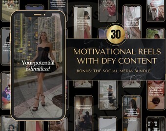 Pode incluir: Uma colagem de 30 ideias de rolos motivacionais com o texto "Rolos motivacionais com conteúdo DFY" e "Bónus: O pacote de mídia social". Os rolos apresentam citações inspiradoras e imagens de uma mulher com um corpete preto e saltos altos.