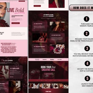 Puede incluir: Dise&ntilde;o de dise&ntilde;o web con una combinaci&oacute;n de colores rosa y burdeos. El dise&ntilde;o incluye el texto "LIVE Bold" y "FEMME HOUSE". El dise&ntilde;o tambi&eacute;n presenta im&aacute;genes de una mujer, joyas y elementos de dise&ntilde;o web.
