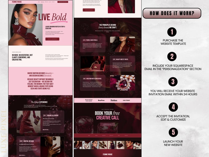 Puede incluir: Dise&ntilde;o de dise&ntilde;o web con una combinaci&oacute;n de colores rosa y burdeos. El dise&ntilde;o incluye el texto "LIVE Bold" y "FEMME HOUSE". El dise&ntilde;o tambi&eacute;n presenta im&aacute;genes de una mujer, joyas y elementos de dise&ntilde;o web.