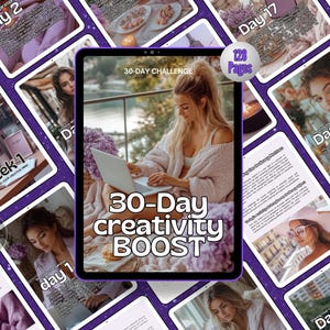 Puede incluir: Un planificador digital con un fondo morado y el texto "30-Day Creativity Boost" en blanco. El planificador está abierto en una página con el texto "Day 17" y una foto de una mujer sentada en un sofá con un portátil.