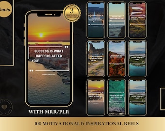 May include: A collection of 100 motivational and inspirational reels displayed on smartphones. Each phone features a different scenic background with a quote. The main phone displays the text "Success is what happens after you". Includes 3 bonuses.