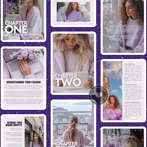 Peut inclure: Un guide num&eacute;rique avec un fond violet et du texte qui dit "Chapitre Un : Identifier sa passion cr&eacute;ative", "Chapitre Deux : Cr&eacute;er une vision d'entreprise", "Chapitre Cinq : Mon&eacute;tiser son contenu", et "D&eacute;finir son identit&eacute; de marque".
