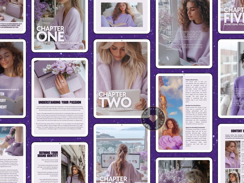 Peut inclure: Un guide num&eacute;rique avec un fond violet et du texte qui dit "Chapitre Un : Identifier sa passion cr&eacute;ative", "Chapitre Deux : Cr&eacute;er une vision d'entreprise", "Chapitre Cinq : Mon&eacute;tiser son contenu", et "D&eacute;finir son identit&eacute; de marque".
