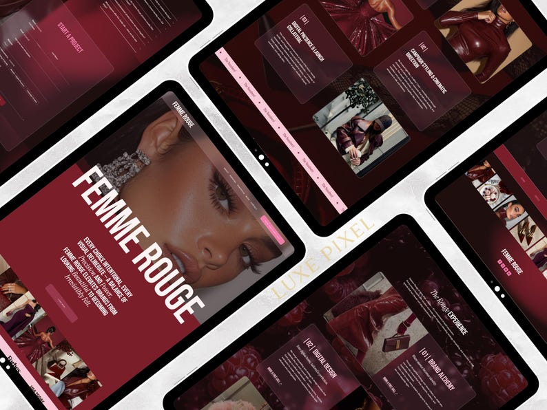 Puede incluir: M&uacute;ltiples tabletas que muestran un sitio web con un dise&ntilde;o burdeos y blanco. El sitio web se llama "Femme Rouge" y presenta im&aacute;genes de moda y dise&ntilde;o. El texto "Start a Project" es visible.