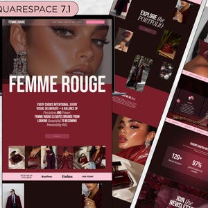 Könnte beinhalten: Ein Website-Design mit dem Text "FEMME ROUGE" in Weiß auf burgunderrotem Hintergrund. Die Website zeigt Bilder von Mode- und Schönheitsprodukten mit dem Text "EVERY CHOICE INTENTIONAL, EVERY VISUAL DELIBERATE - A BALANCE OF Precision AND Power."