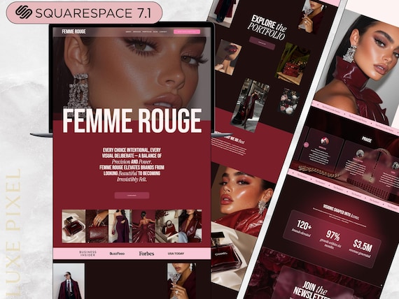 Squarespace Luxury Website, Bold Portfolio Template, Red Pink Burgundy Modern Editorial, Creative Studio, Marketing Agency, Frosted Glass UI