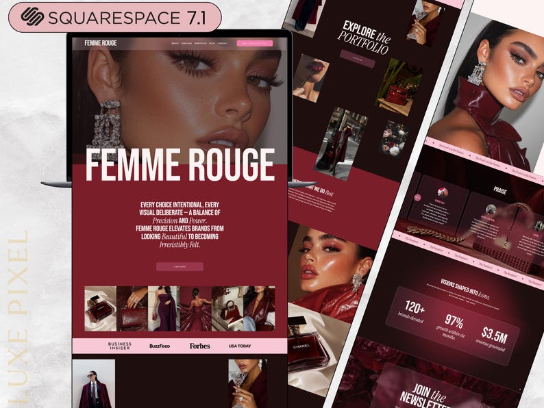 Puede incluir: Dise&ntilde;o de sitio web con el texto "FEMME ROUGE" en blanco sobre fondo burdeos. El sitio web muestra im&aacute;genes de productos de moda y belleza, con el texto "EVERY CHOICE INTENTIONAL, EVERY VISUAL DELIBERATE - A BALANCE OF Precision AND Power."