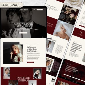 May include: A website design showcasing wedding photography. The design features a laptop displaying the words "ICONIC WEDDINGS, ZERO CLICHES." Other pages show photos of brides and text. The color scheme is primarily burgundy and cream.