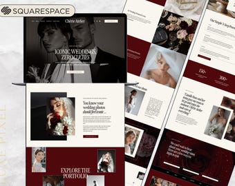 Sitio web para fotógrafos de Squarespace, plantilla para fotógrafos de bodas de lujo, portafolio de fotografía con estética burdeos, estilo editorial moderno y audaz.