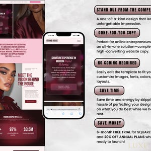 Puede incluir: Un concepto de dise&ntilde;o web que se muestra en un port&aacute;til y un smartphone, con una combinaci&oacute;n de colores rosa y burdeos. El dise&ntilde;o incluye texto como "Signature Experience in Modern Brand Alchemy" y "Meet the Vision Behind the Rouge."
