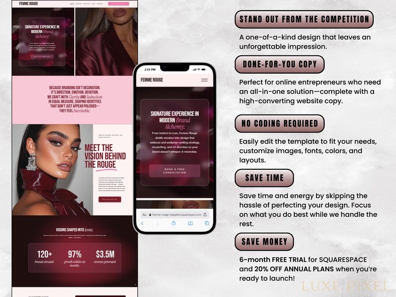 Puede incluir: Un concepto de dise&ntilde;o web que se muestra en un port&aacute;til y un smartphone, con una combinaci&oacute;n de colores rosa y burdeos. El dise&ntilde;o incluye texto como "Signature Experience in Modern Brand Alchemy" y "Meet the Vision Behind the Rouge."