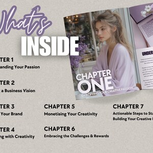 Peut inclure: Une couverture de livre avec le titre "What's Inside" et une liste de chapitres&nbsp;: Comprendre votre passion, Cr&eacute;er une vision d&rsquo;entreprise, Construire votre marque, Commercialiser avec cr&eacute;ativit&eacute;, Mon&eacute;tiser votre cr&eacute;ativit&eacute;, Embrasser les d&eacute;fis et les r&eacute;compenses, et &Eacute;tapes concr&egrave;tes pour d&eacute;marrer votre entreprise cr&eacute;ative.