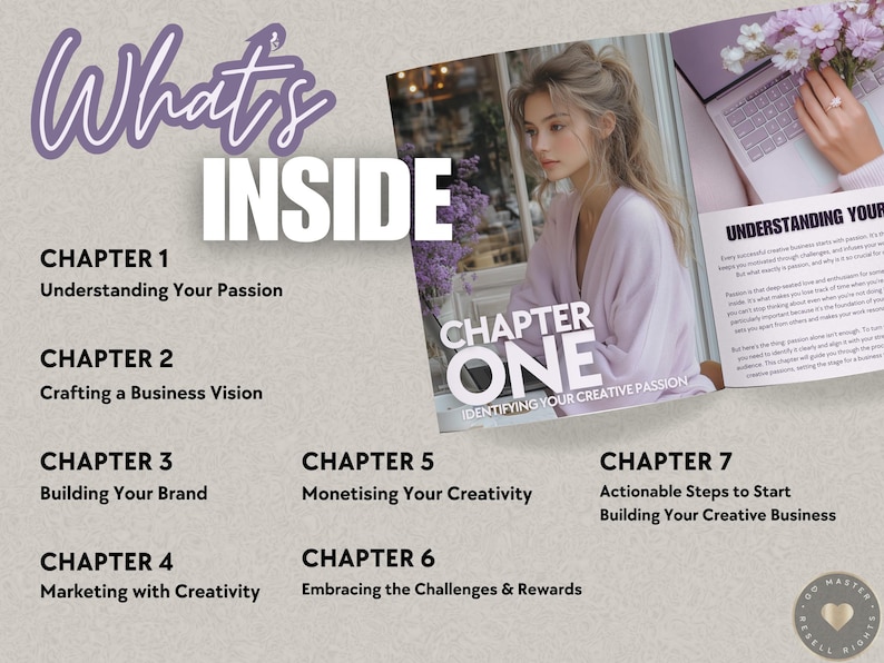 Peut inclure: Une couverture de livre avec le titre "What's Inside" et une liste de chapitres&nbsp;: Comprendre votre passion, Cr&eacute;er une vision d&rsquo;entreprise, Construire votre marque, Commercialiser avec cr&eacute;ativit&eacute;, Mon&eacute;tiser votre cr&eacute;ativit&eacute;, Embrasser les d&eacute;fis et les r&eacute;compenses, et &Eacute;tapes concr&egrave;tes pour d&eacute;marrer votre entreprise cr&eacute;ative.