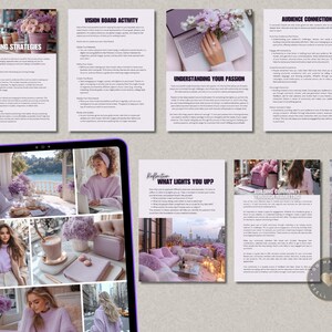 Peut inclure: Un collage d'images mettant en sc&egrave;ne une femme v&ecirc;tue de violet, un ordinateur portable, un tableau de vision et une tasse de caf&eacute;. Le texte sur les images comprend "Pricing Strategies", "Vision Board Activity", "Understanding Your Passion", "What Lights You Up?", "Building Community Through Marketing", et "Audience Connection".