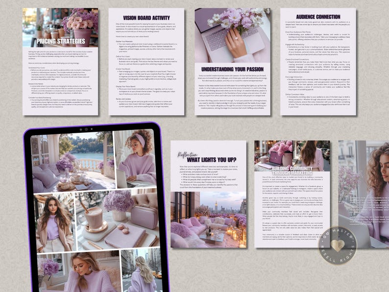 Peut inclure: Un collage d'images mettant en sc&egrave;ne une femme v&ecirc;tue de violet, un ordinateur portable, un tableau de vision et une tasse de caf&eacute;. Le texte sur les images comprend "Pricing Strategies", "Vision Board Activity", "Understanding Your Passion", "What Lights You Up?", "Building Community Through Marketing", et "Audience Connection".