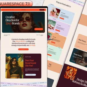 Puede incluir: Una pantalla digital de una plantilla de sitio web titulada Cayenne, con un fondo crema con acentos naranjas y morados oscuros. El diseño incluye secciones para estrategia de marca, dirección creativa y proyectos destacados con fotografía.