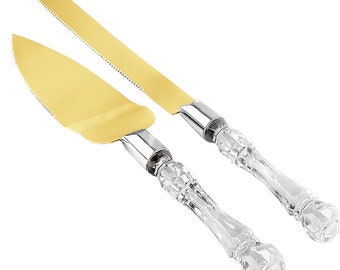 Cake Knife and Server Set | Acrylic Faux Crystal Handles  Stainless Steel Blades | Cake Cutting Set for Wedding Cake, Birthdays (Clear Gold)