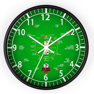 May include: A black and green clock with white numbers and hands. The clock face is a cricket field with the positions of fielders labeled. The clock face also includes the text "street cricket 24x7".