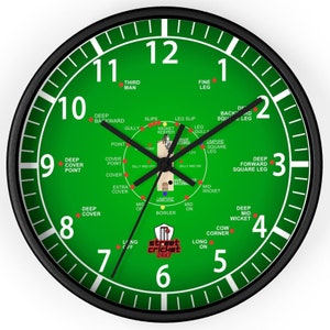 May include: A green and black clock with a cricket field layout. The clock face has the numbers 1 through 12 and the words "street cricket 24x7".