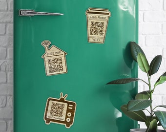 Customizable Wooden WIFI QR-Code Fridge Magnets - Personalized Home Decor, Unique Kitchen Accessory, Perfect Gift Idea, Coffee Cup Design