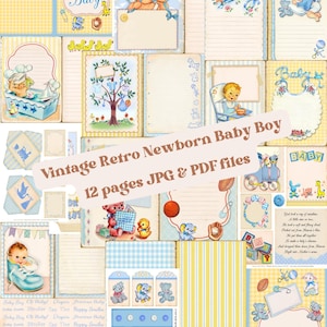 Vintage Baby Boy, Ephemera, Retro Baby Junk Journal Pages, Digital Baby Collage, Printable Baby Stickers, Cardmaking, Scrapbook Clipart PNG