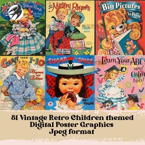 Vintage kinder kleurboekpagina's, retro verhalenboekillustraties, afdrukbare ephemera, printbare ephemera, junk Journal clipart, plakboek, digitale download