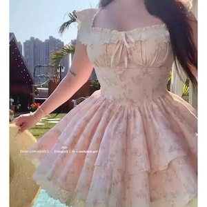 Cottagecore Fairy Dress | Pink Floral Ruffle Dress | Vintage Romantic Summer Outfit | Off Shoulder Lolita Style | S- Plus Size | JSK Dress