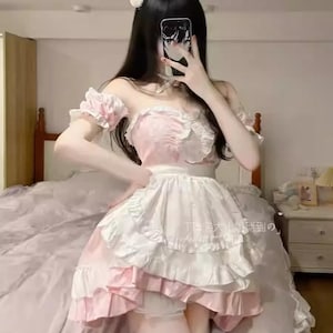 Lolita Maid Dress Pink White | Cute Off Shoulder Ruffle Apron Bow Dress | Anime Cosplay Kawaii French Maid Outfit | JSK Dress | Size S–5XL
