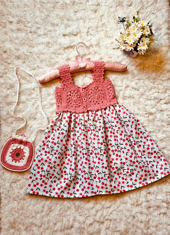Crochet Girl Dress: Handmade Knit Outfit, Cherry Print
