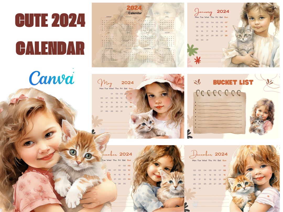 Printable Cat Calendar 2024 Cat Calendar Digital Calendar PDF Instant Download Kitten Calendar