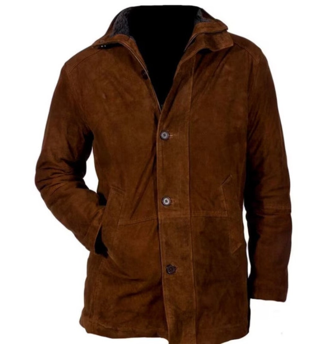 Handmade Brown Long Leather Jacket Brown Suede Leather Jacket Mens ...